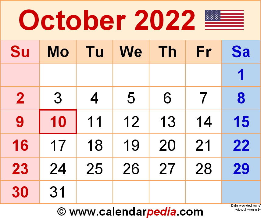 October 2022 Calendar | Templates For Word, Excel And Pdf