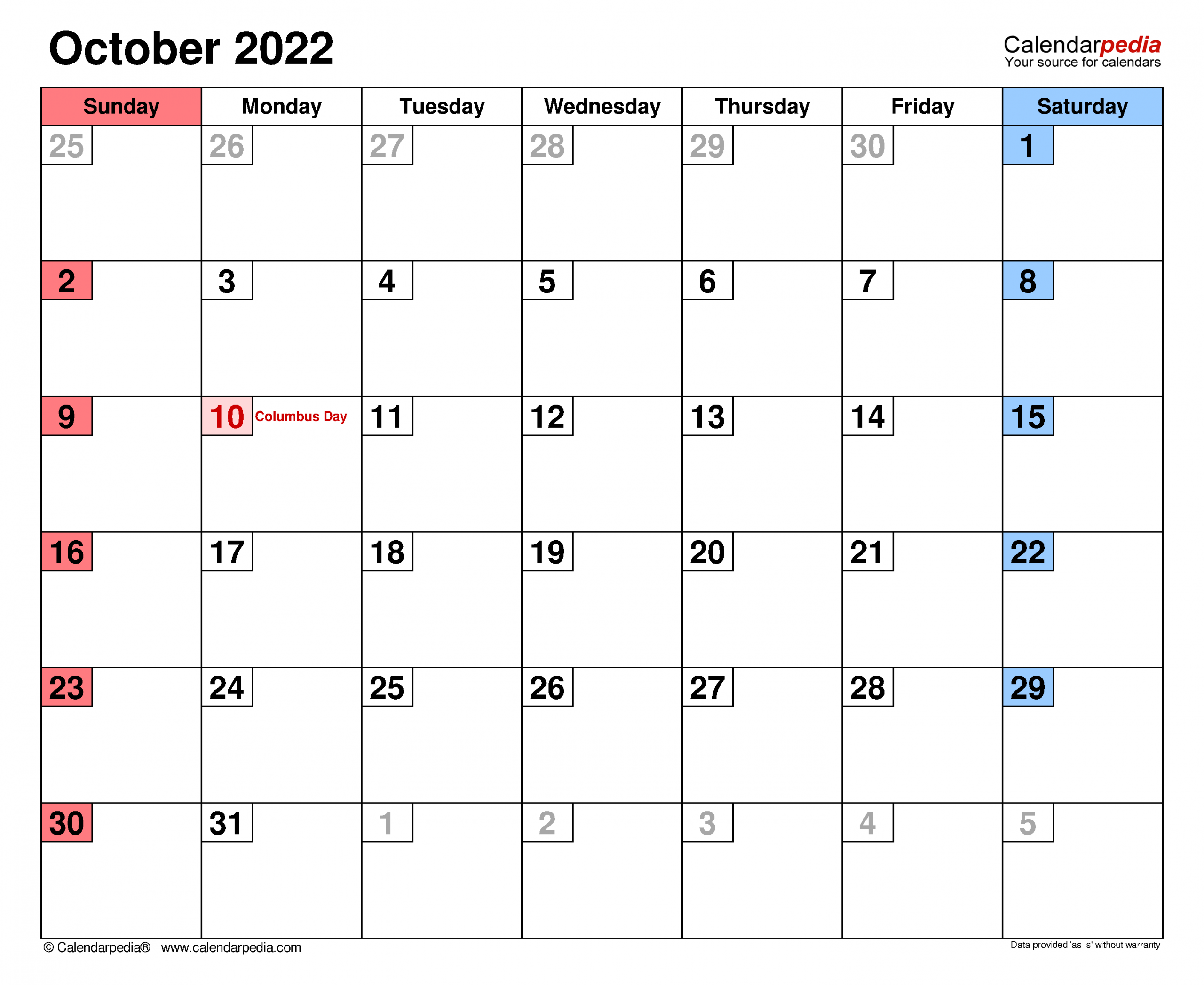 October 2022 Calendar | Templates For Word, Excel And Pdf