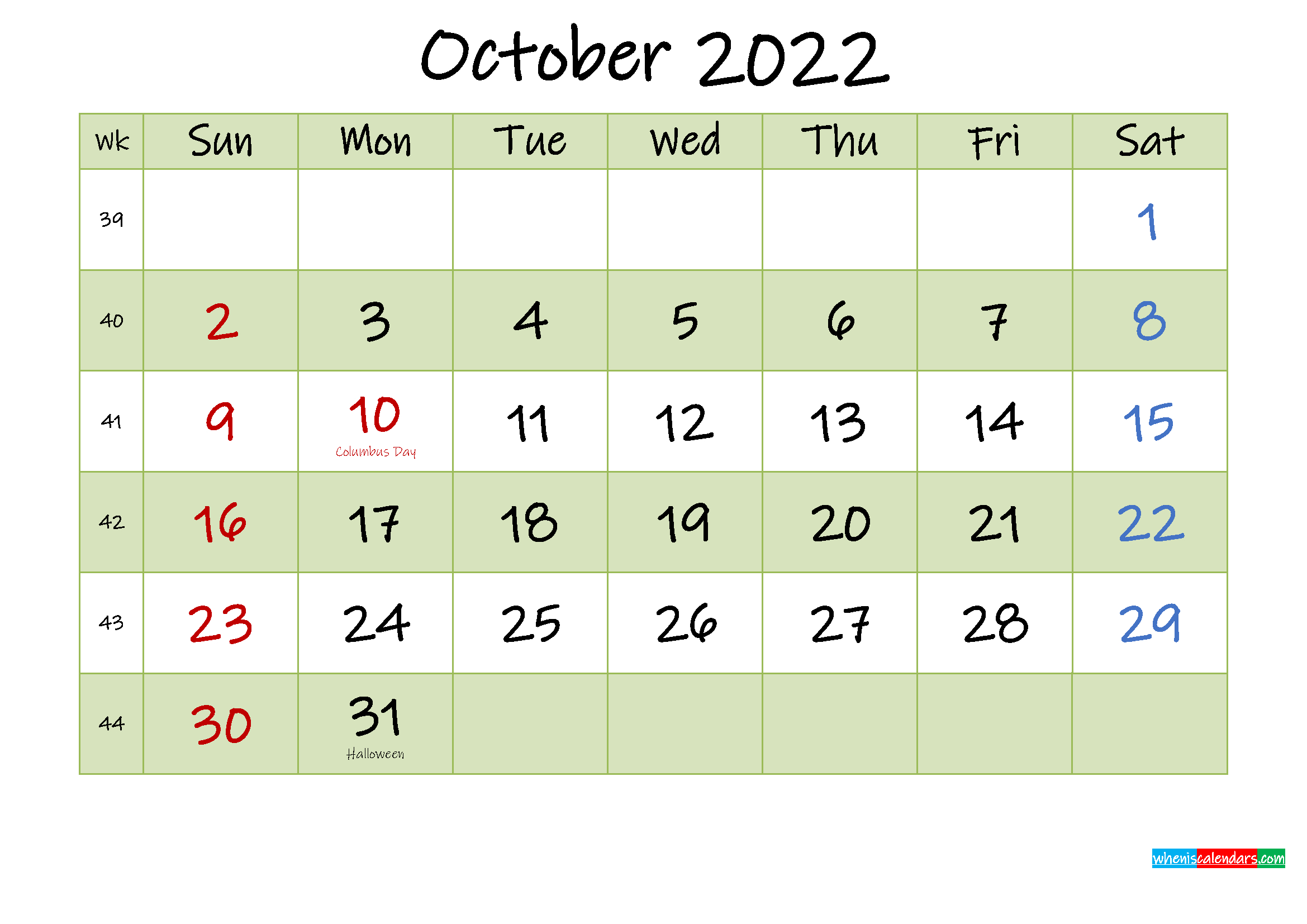 October 2022 Calendar With Holidays Printable - Template