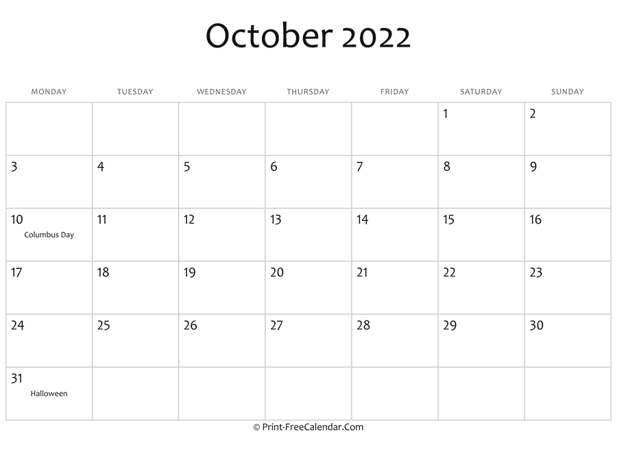 October 2022 Editable Calendar With Holidays