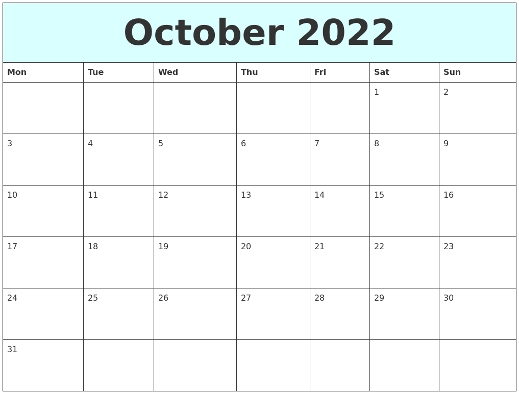 October 2022 Free Calendar