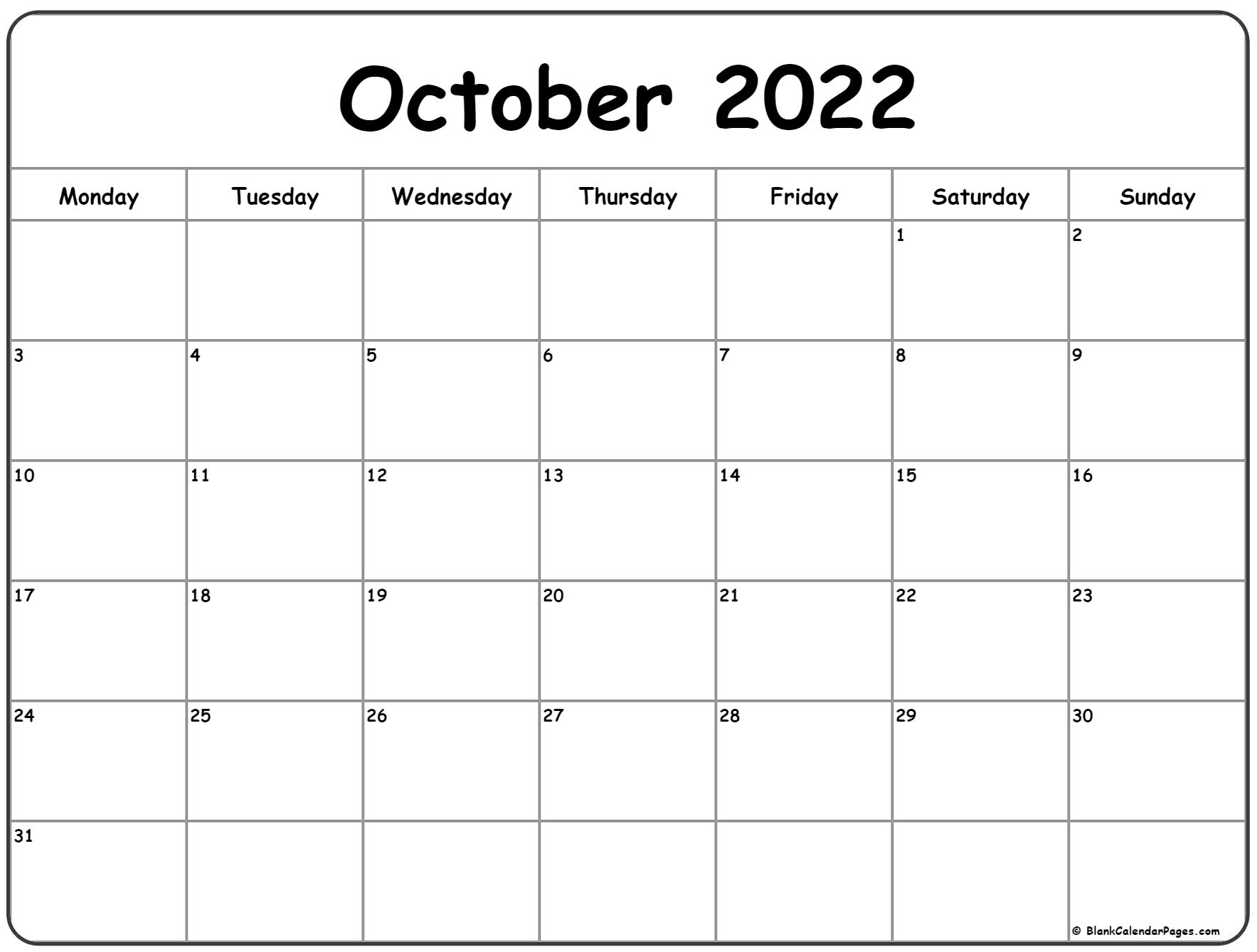 October 2022 Monday Calendar | Monday To Sunday
