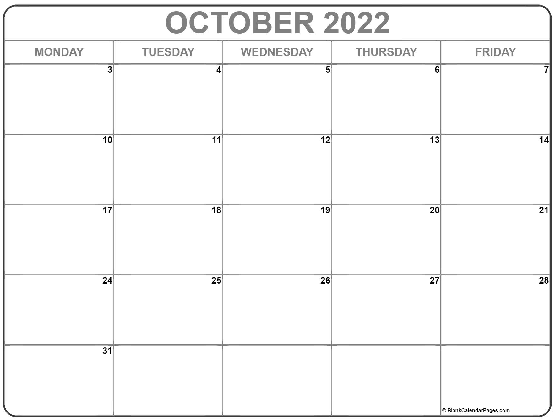 October 2022 Monday Calendar | Monday To Sunday