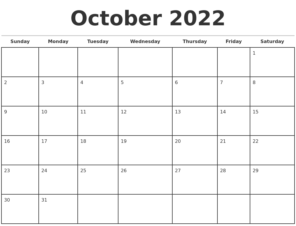 October 2022 Monthly Calendar Template