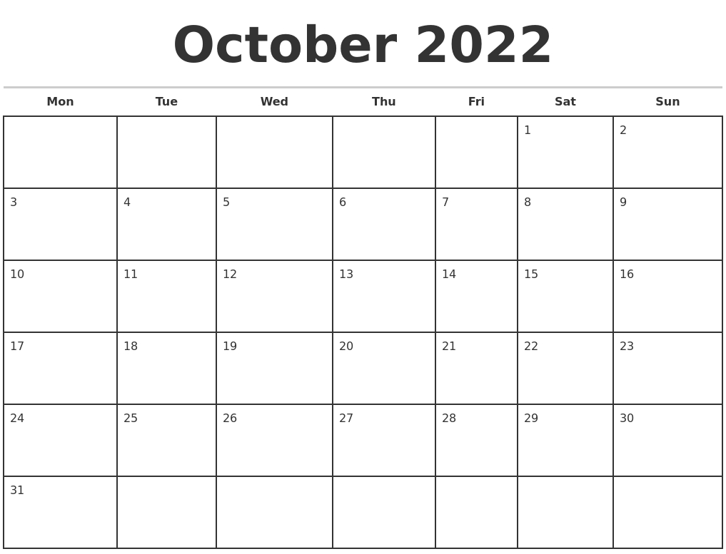 October 2022 Monthly Calendar Template