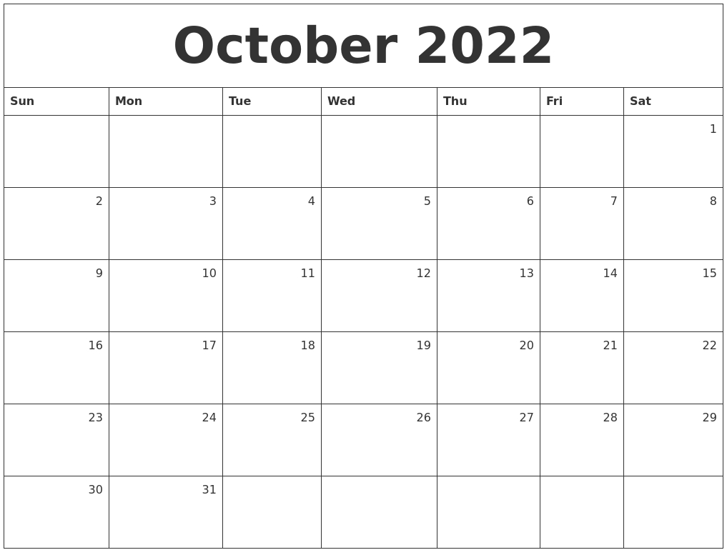 October 2022 Monthly Calendar