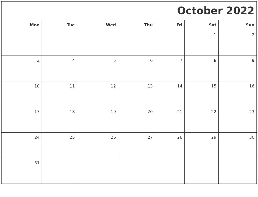 October 2022 Printable Blank Calendar