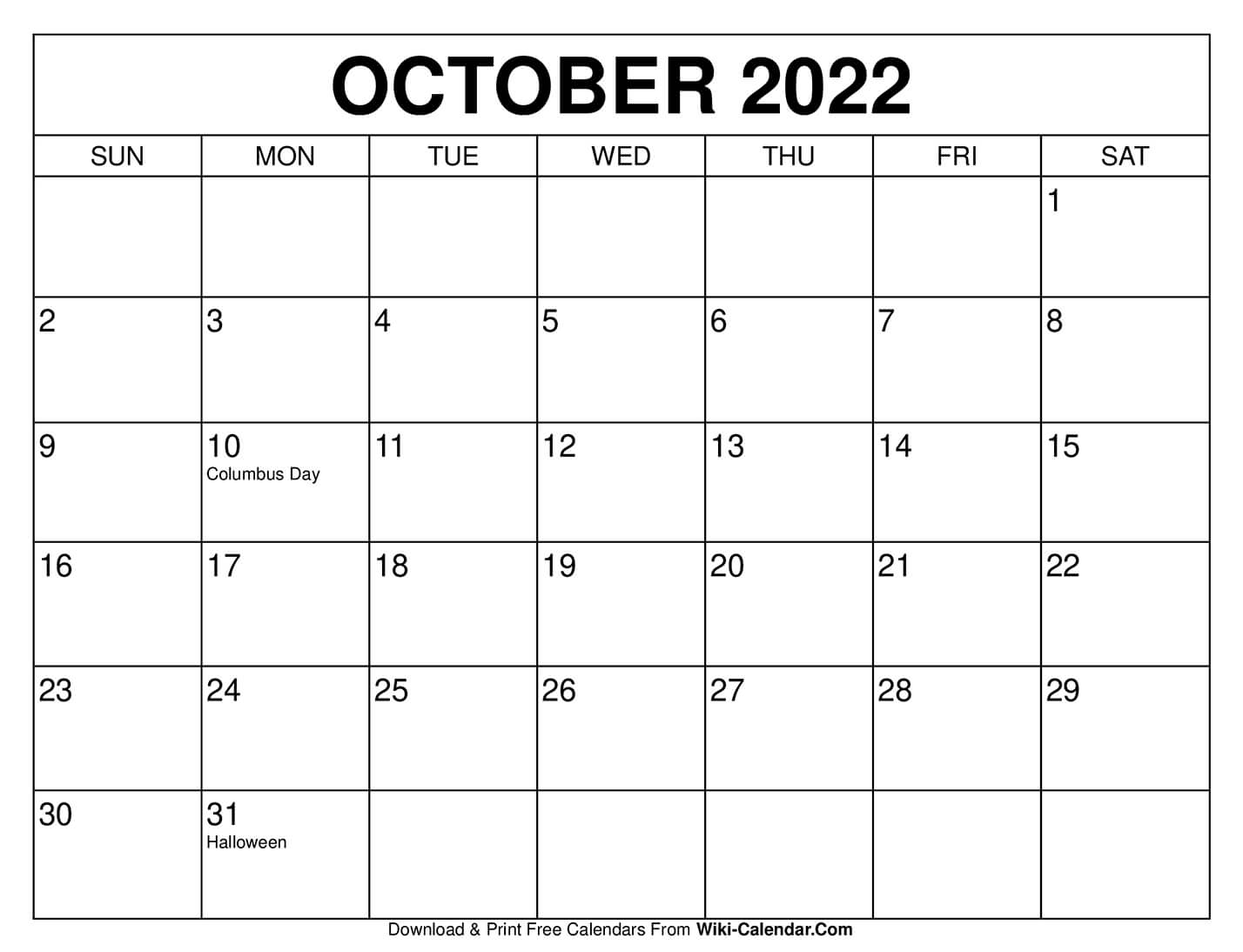 October 2022 Printable Calendar - Calendar 2022