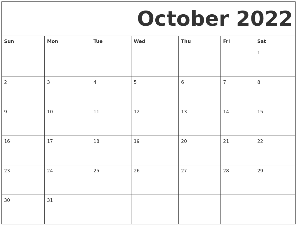 October 2022 Printable Calendar - Calendar 2022