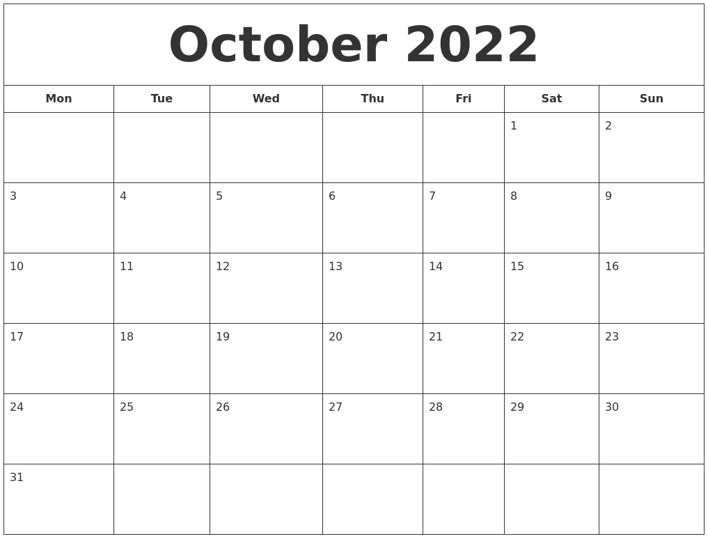 October 2022 Printable Calendar