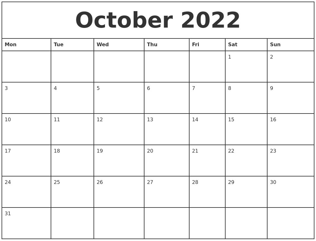 October 2022 Printable Monthly Calendar