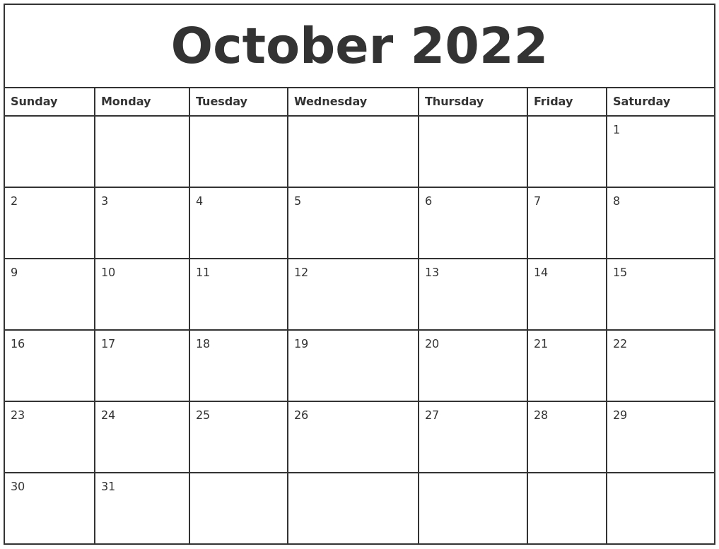 October 2022 Printable Monthly Calendar
