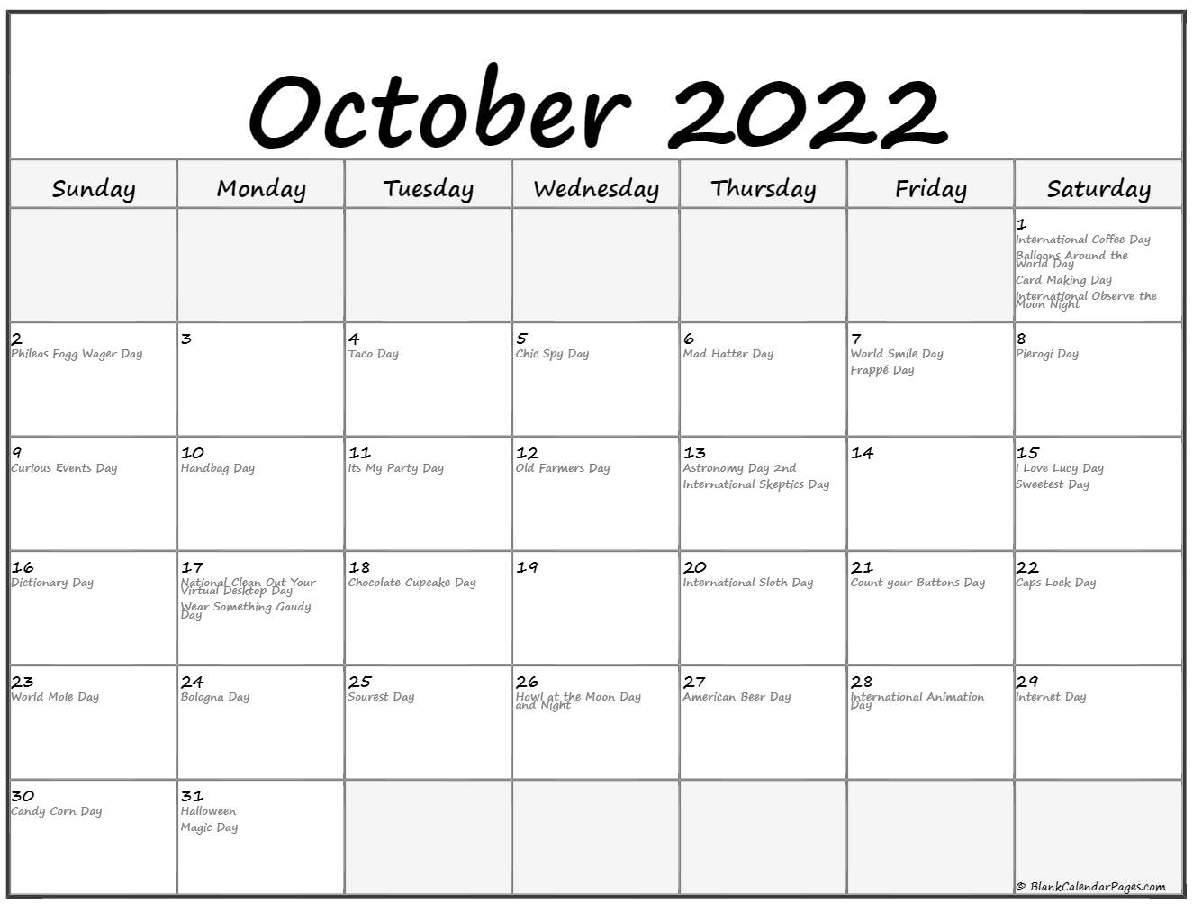 October 2022 With Holidays Calendar