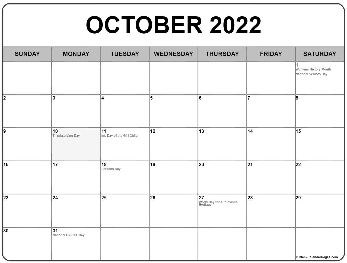 October 2022 With Holidays Calendar