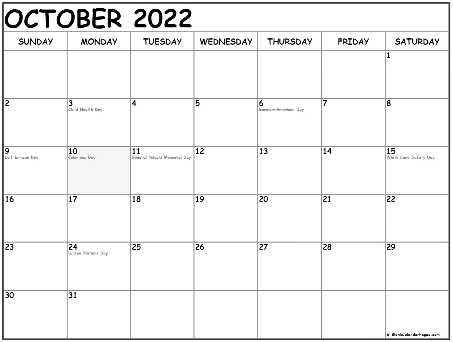 October 2022 With Holidays Calendar