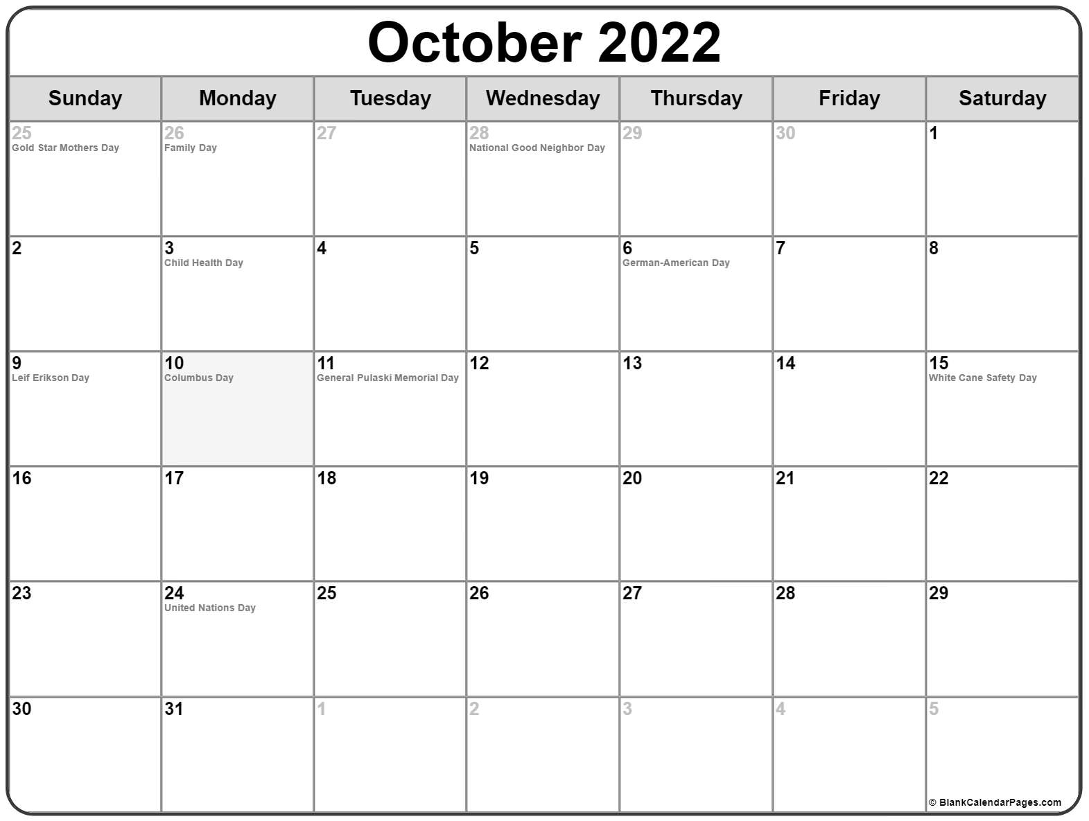 October 2022 With Holidays Calendar