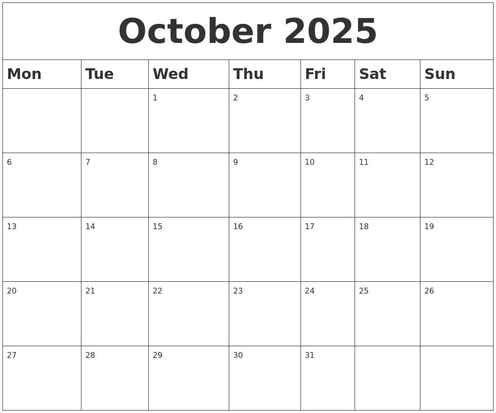 October 2025 Blank Calendar