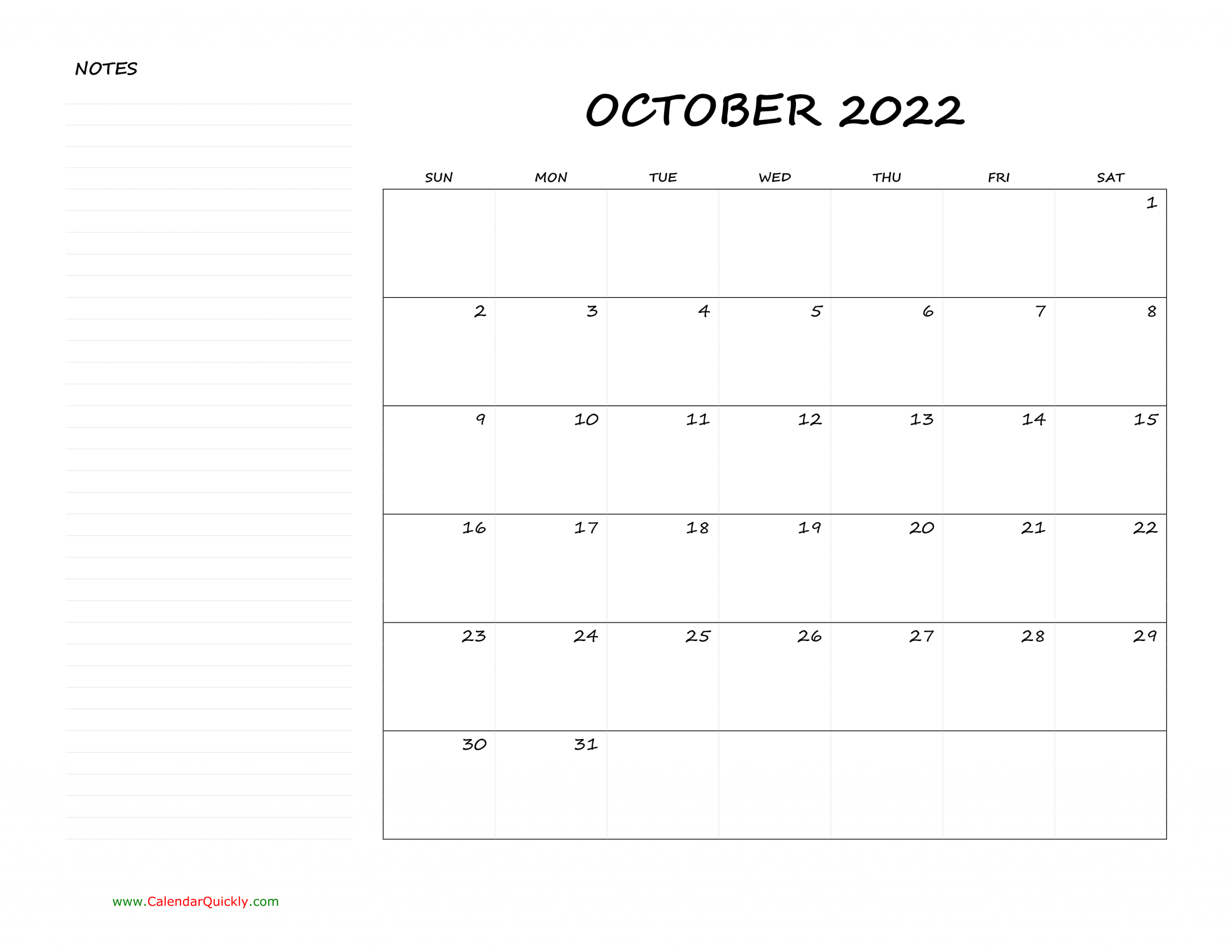 October Blank Calendar 2022 With Notes | Calendar Quickly