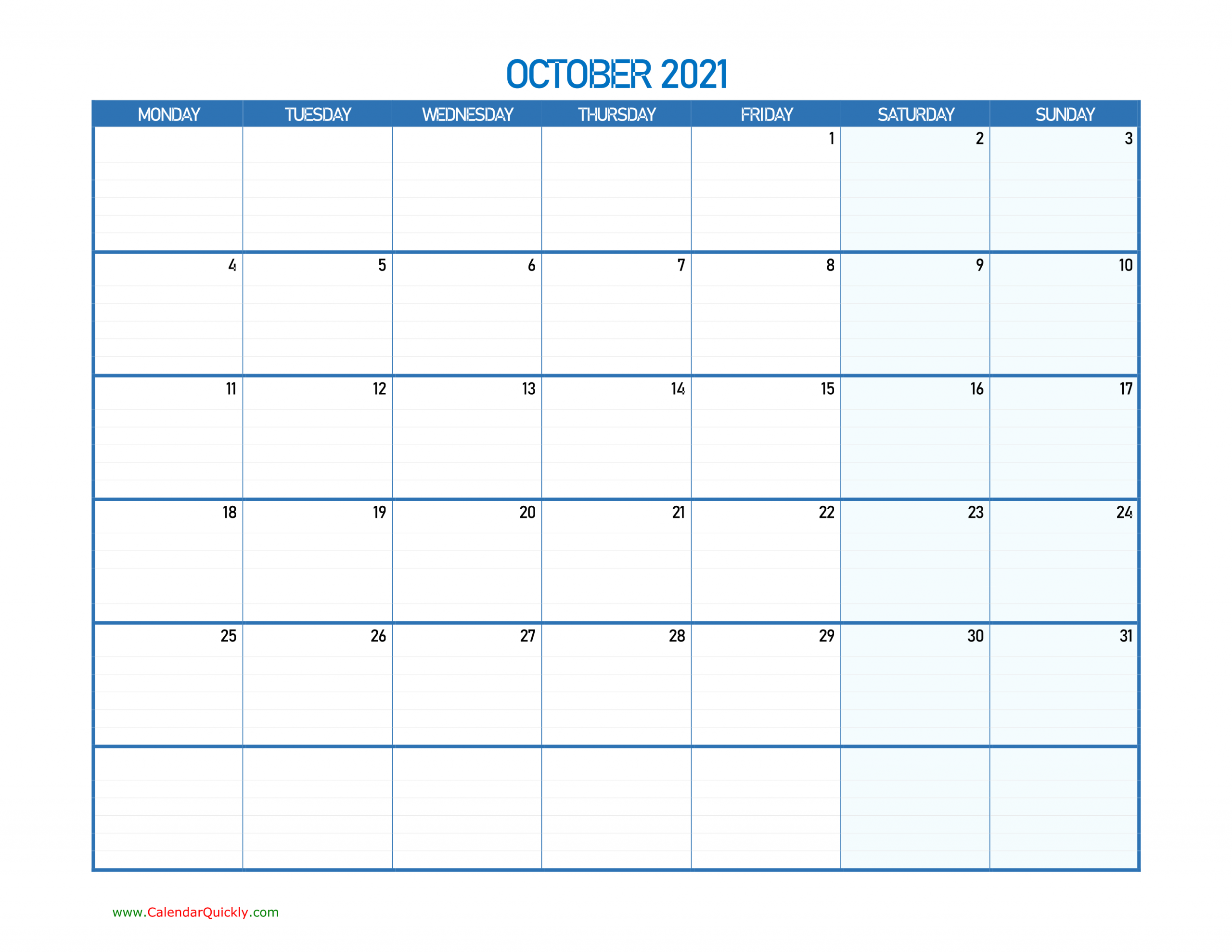 October Monday 2021 Blank Calendar | Calendar Quickly