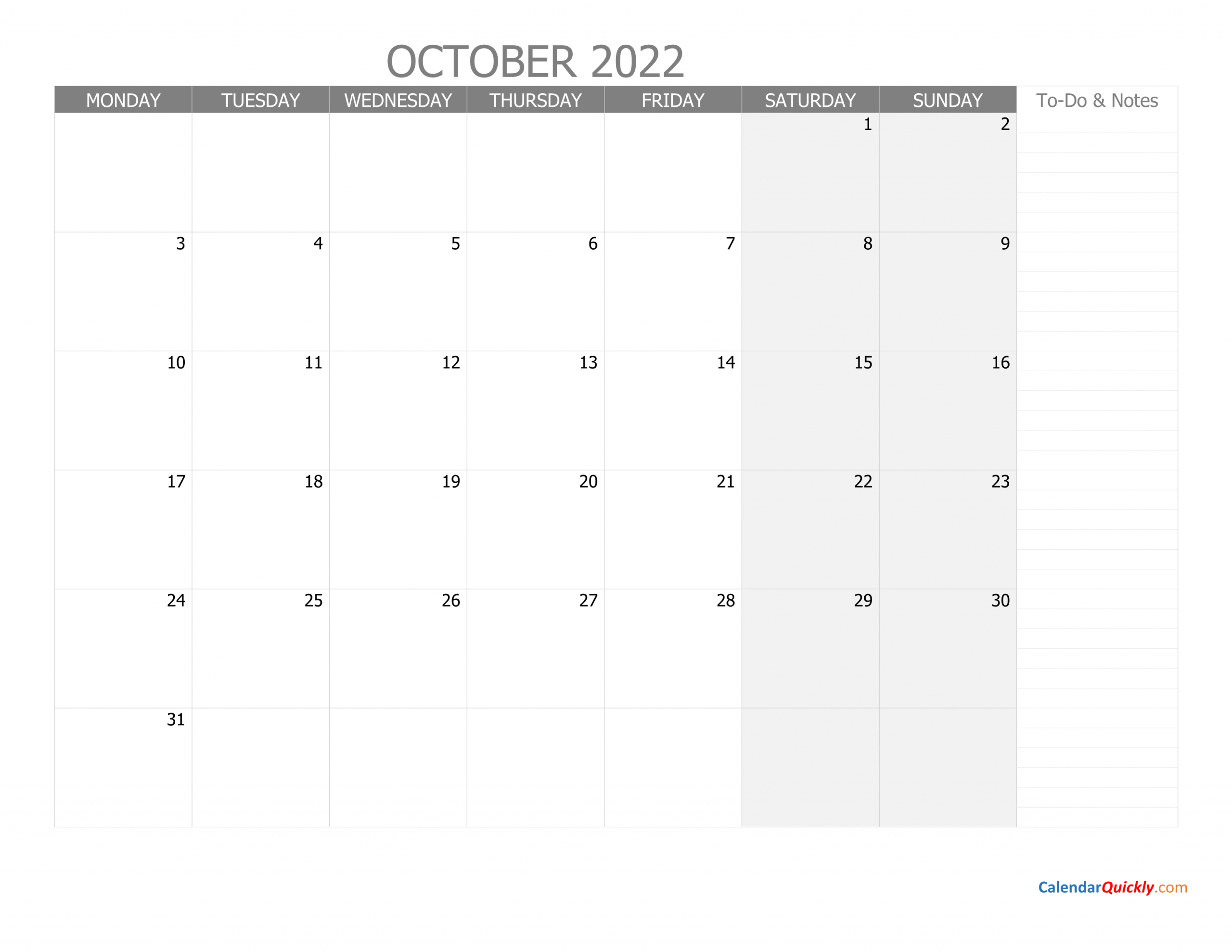 October Monday Calendar 2022 With Notes | Calendar Quickly