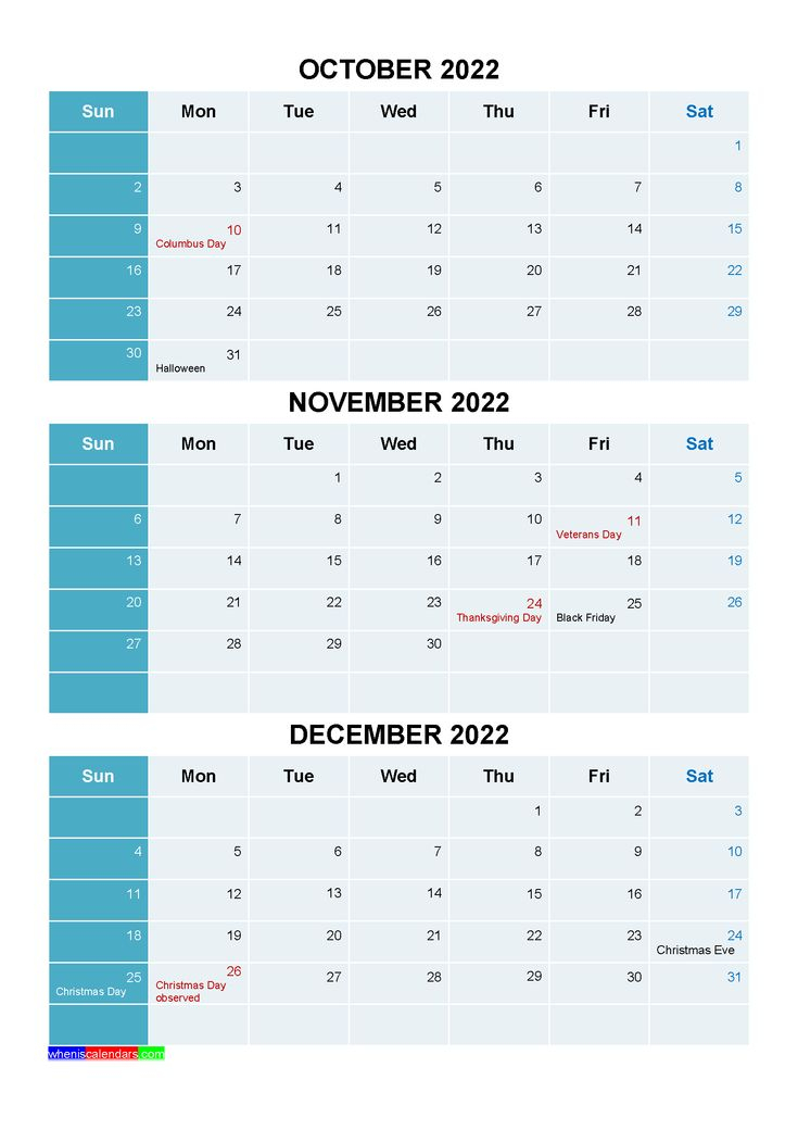 October November December 2022 Calendar With Holidays