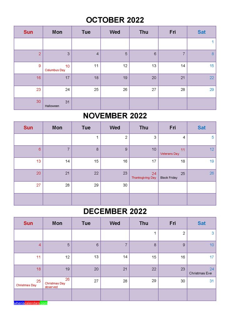 October November December 2022 Calendar With Holidays