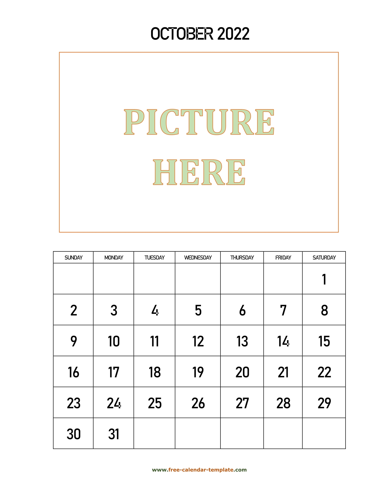 October Printable 2022 Calendar, Space For Add Picture