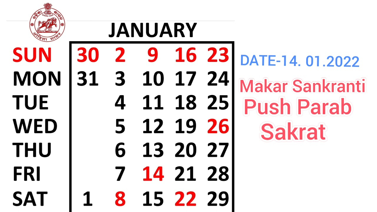 Odisha Govt Calendar 2022 January Holidays - Youtube