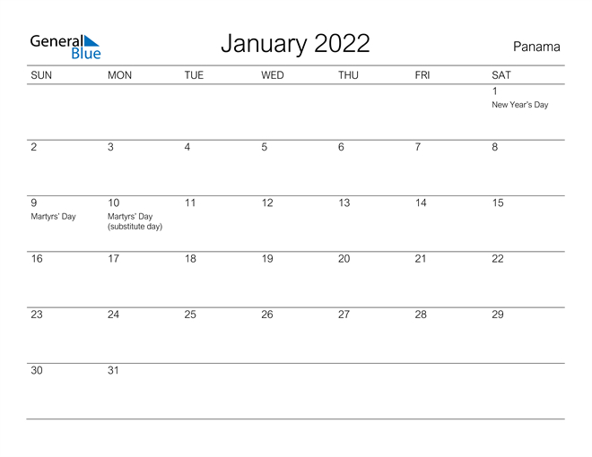 Panama January 2022 Calendar With Holidays