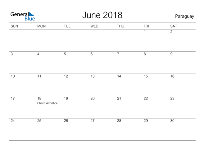 Paraguay June 2018 Calendar With Holidays