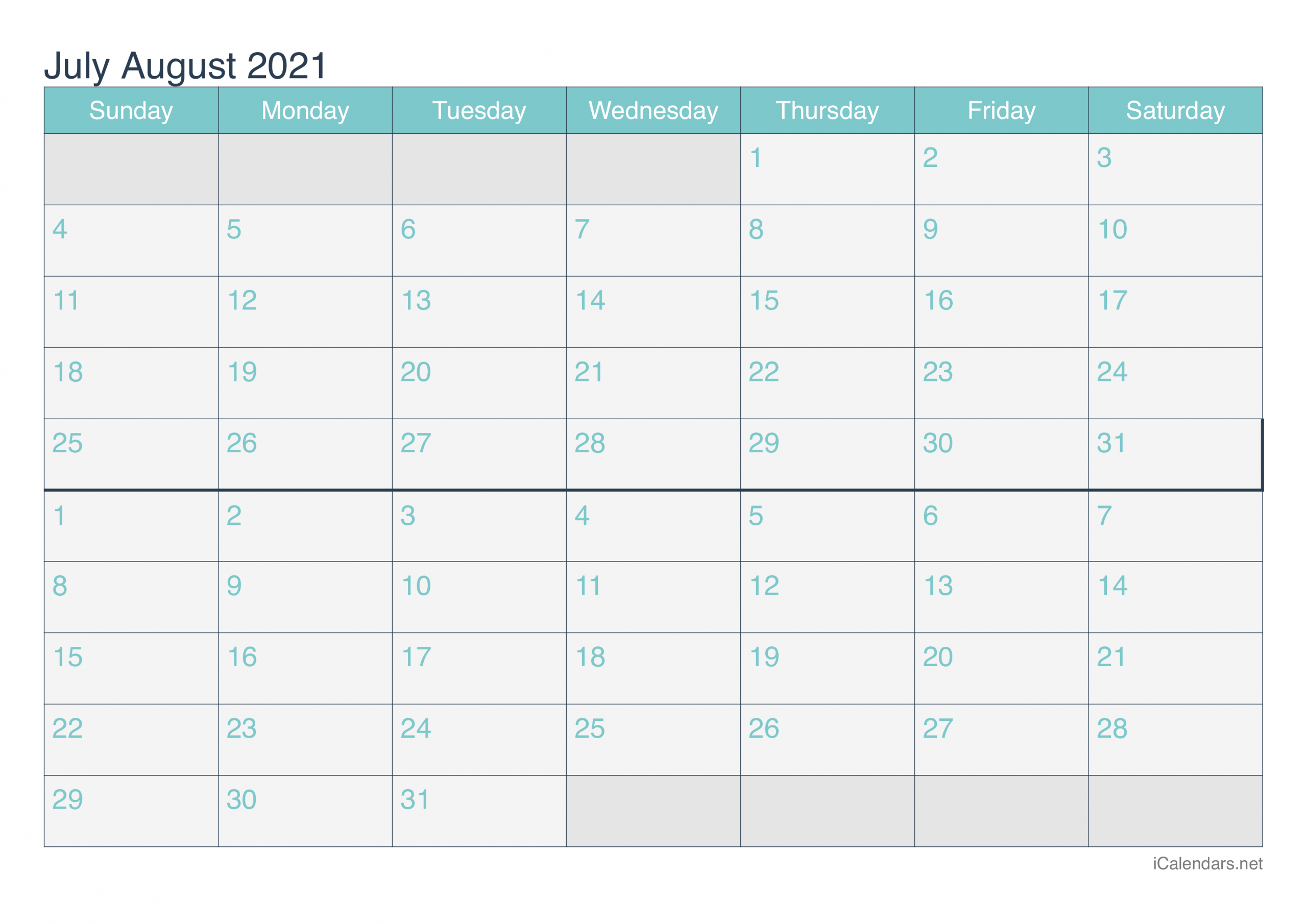 Pdf Printable Calendar 2021 June July August : Free