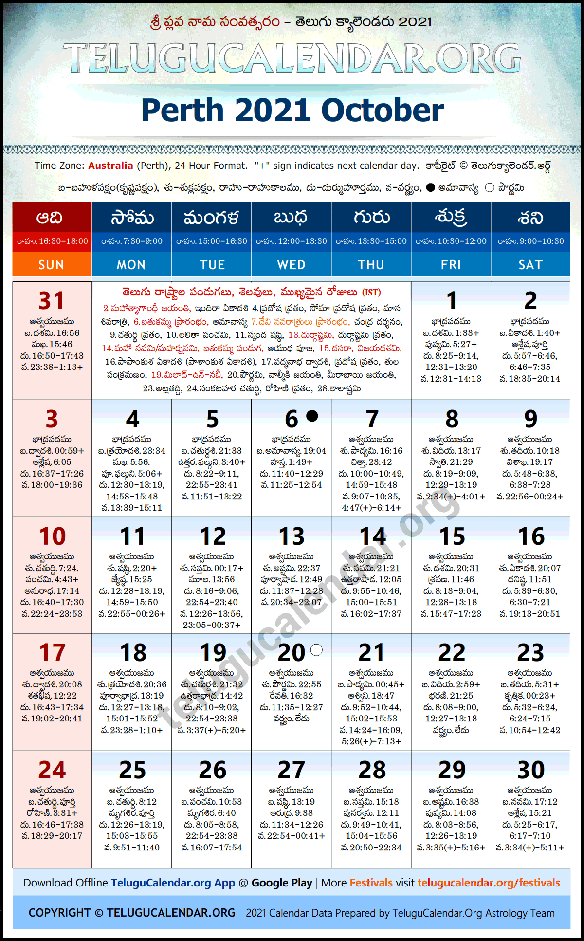 Perth 2021 October Telugu Calendar Festivals &amp; Holidays