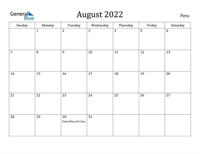 Peru August 2022 Calendar With Holidays
