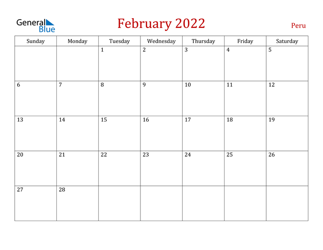 Peru February 2022 Calendar With Holidays