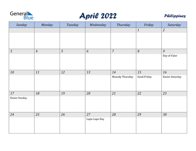 Philippines April 2022 Calendar With Holidays