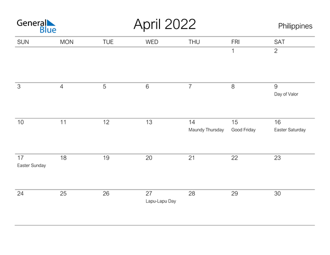 Philippines April 2022 Calendar With Holidays