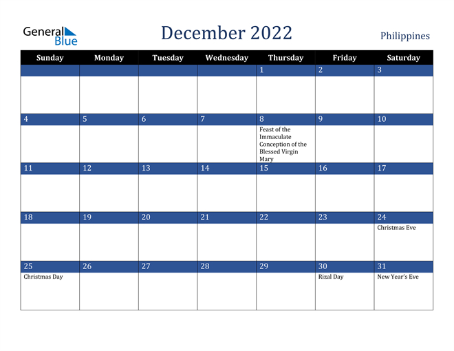 Philippines December 2022 Calendar With Holidays