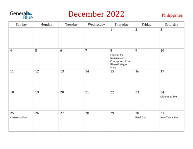 Philippines December 2022 Calendar With Holidays