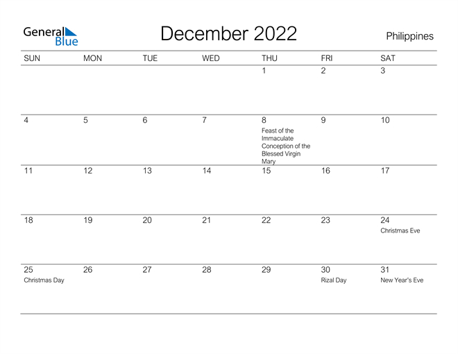 Philippines December 2022 Calendar With Holidays