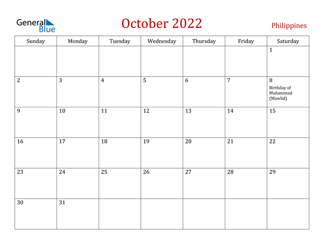 Philippines October 2022 Calendar With Holidays