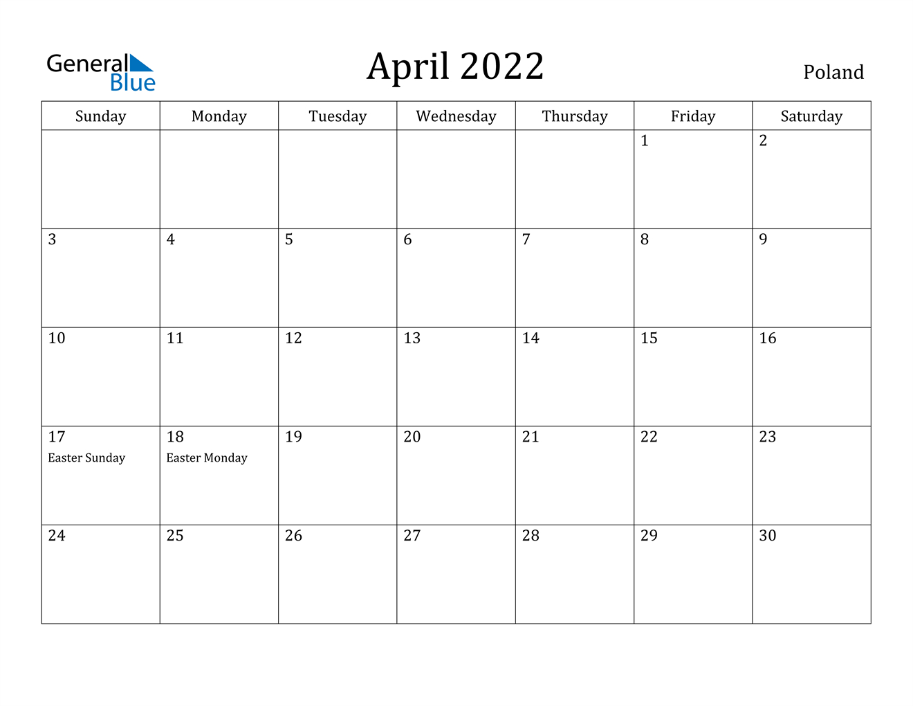 Poland April 2022 Calendar With Holidays