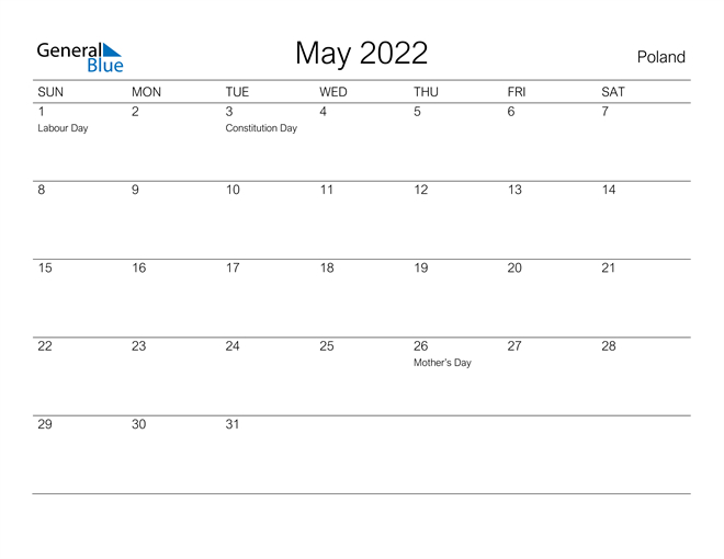 Poland May 2022 Calendar With Holidays