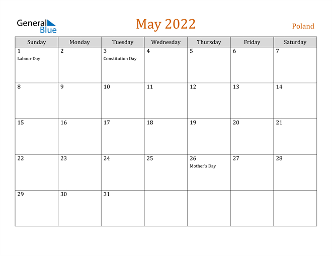 Poland May 2022 Calendar With Holidays