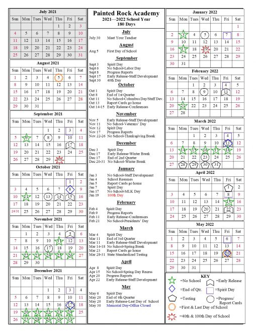 Pra 2021-2022 Calendar One Page | Painted Rock Academy