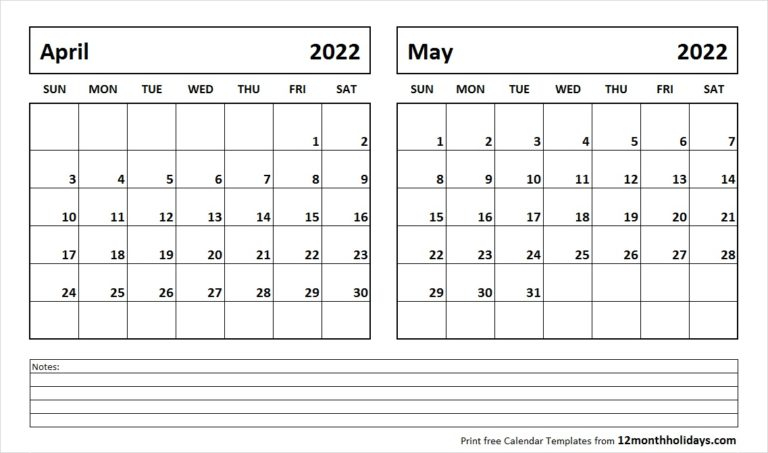 Print April May 2022 Calendar Template | 2 Month Calendar