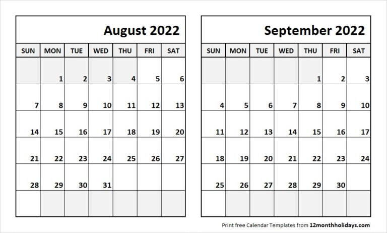 Print August September 2022 Calendar Template | 2 Month