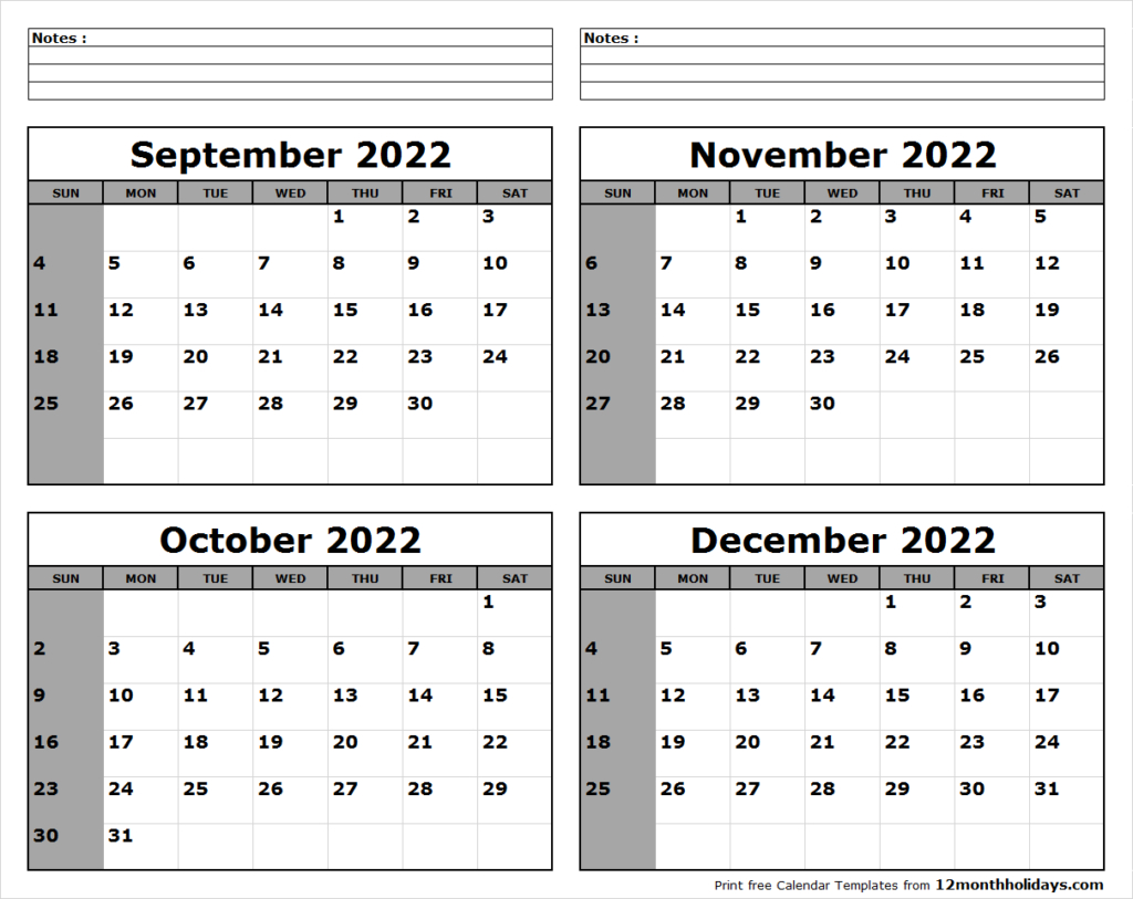 Print Four Month September October November December 2022 Calendar