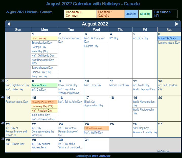 Print Friendly August 2022 Canada Calendar For Printing