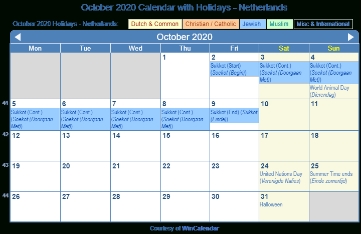 Print Friendly October 2020 Netherlands Calendar For Printing