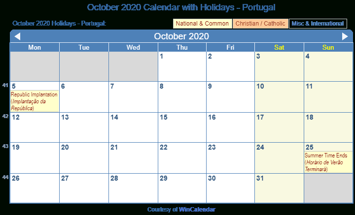 Print Friendly October 2020 Portugal Calendar For Printing